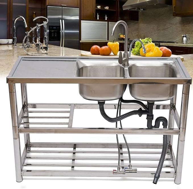 Chậu rửa 2 ngăn inox có cánh và kệ đựng