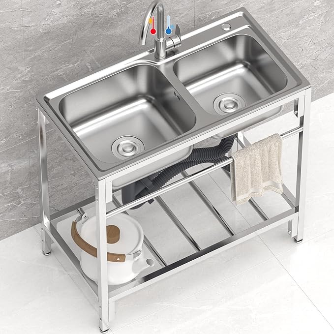 Chậu rửa 2 ngăn inox có chân kệ